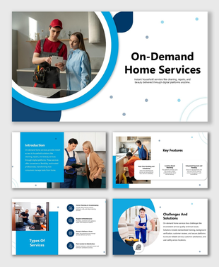 On-Demand Home Services slides show workers, cleaning, repairs, icons, text boxes, blue-white layout, and circular shapes.