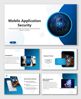 Phone lock icons, blue theme, text blocks, rounded shapes, and cyber shield highlight Mobile Application Security.
