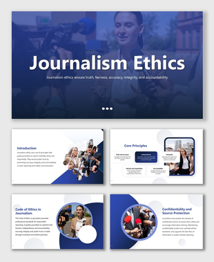 Journalism Ethics PPT with reporters, mics, blue-white theme, intro, principles, code, confidentiality, and circular shapes.