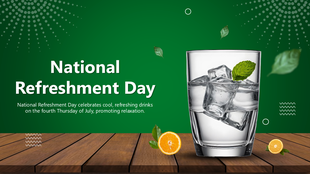 National Refreshment Day with iced drink, mint, oranges, wood table, green background, bold text, and abstract dots.