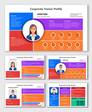 Corporate Trainer Profile slides with colorful portraits, skill bars, charts, and professional background details.