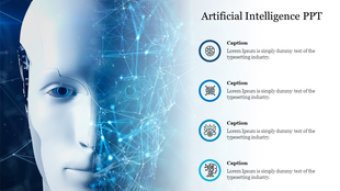 AI PPT slide featuring a close-up of a robotic face with a complex network of nodes and connections in the blue background.