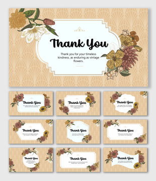 Vintage Flower Thank You slides with beige backdrop, retro blooms, ornate frames, botanical art, and bold text holders.