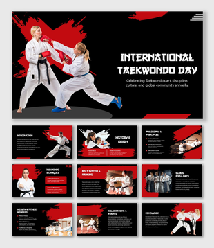 International Taekwondo Day PPT with fighters, red-black theme, belt ranking, culture, fitness, and events.