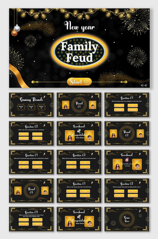 New Years Feud with fireworks, gold sparkles, black theme, quiz rounds, avatars, scoreboard, and glowing highlights.