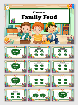 Classroom Family Feud with kids, chalkboard, desks, green quiz slides, speech bubble shapes, stationery, and bright colors.