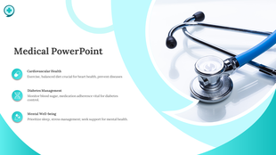 Blue themed medical slide emphasizing cardiovascular health, diabetes management, and mental well being with a stethoscope.