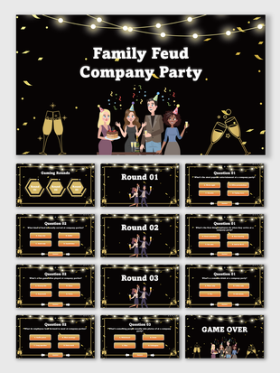 Family Feud Company Party black-gold slides with avatars, lights, Q&A rounds, text holders, and game over.