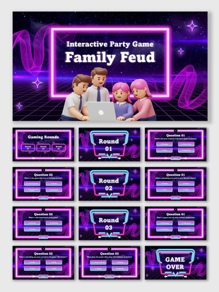 Interactive Party Game neon purple slides with avatars, glowing shapes, Q&A rounds, text holders, and game over.
