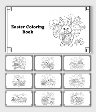 Easter Coloring Book with bunny, chicks, eggs, basket, flowers, sun, clouds, fences, fields, and shapes to color.