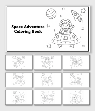 Space Adventure Coloring Book PowerPoint presentation as a printable book that teaches kids about space, colors, and fun.