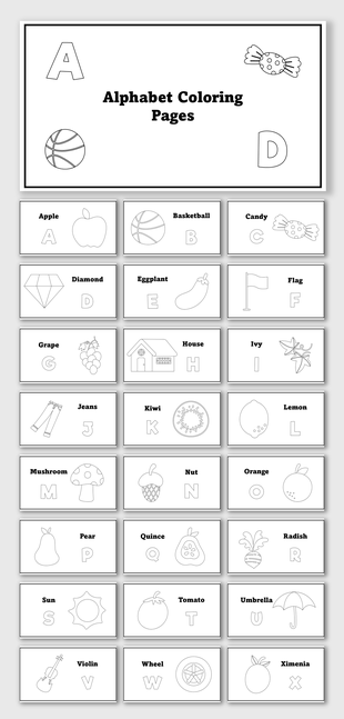 Alphabet Coloring Pages with A to Z letters, apple, candy, basketball, house, kiwi, mushroom, pear, tomato, violin, wheel.
