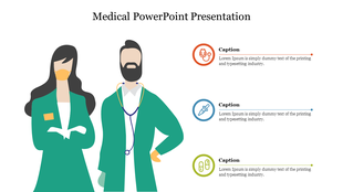 Medical-themed slide with illustrations of doctors and caption areas with health-related icons.