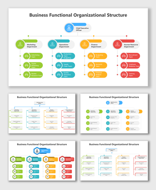 usiness Functional Organizational Structure showing CEO, departments, and teams in colorful flow layout.