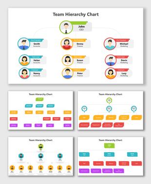 Team hierarchy chart PowerPoint template with colorful org chart layouts and role placeholdersTeam hierarchy chart PowerPoint template with colorful org chart layouts and role placeholders