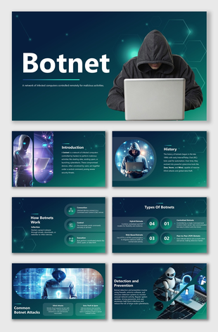 Botnet showing hacker, laptop, locks, and cyber visuals in blue-green gradient with digital security theme.