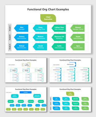 Functional org chart PowerPoint template with department hierarchy examples and role flow layoutsFunctional org chart PowerPoint template with department hierarchy examples and role flow layouts