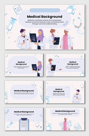 Background Medical with doctors, stethoscope, syringes, DNA helix, lab tools, clipboards, and pastel blue theme.