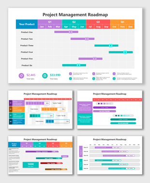 Roadmap In Project Management with colorful timeline bars, milestones, and quarterly project progress visuals.