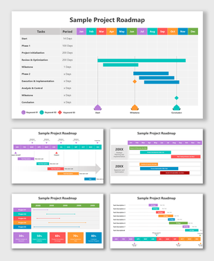 Sample Project Roadmap with colorful timelines, milestones, and task bars showing project phase progress.
