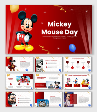 Mickey Mouse Day slides with red theme, balloons, Mickey images, icons, and text blocks for story, facts, and history.