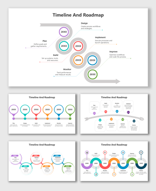 Timeline And Roadmap layout showing multicolor phase circles, icons, year tags, arrows, and clean text holders for each step.