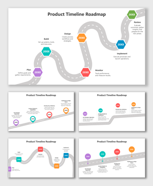 Product Timeline Roadmap using bright color tags, year labels, text holders, and curved road flow to show each product phase.