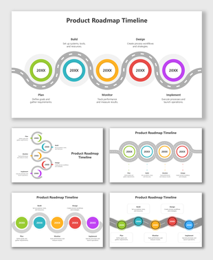 Product Roadmap Timeline showing multicolor markers, year tags, brief texts, and grey road lines connecting all product stage