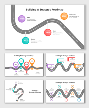 Building A Strategic Roadmap with colorful markers, icons, text blocks, and winding road paths showing plan-design-build step