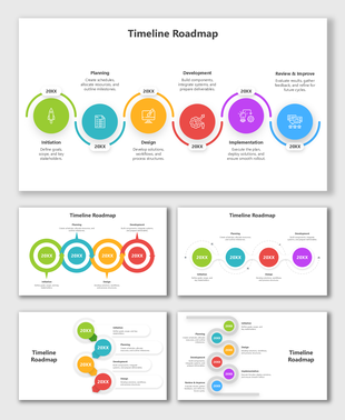 Timeline Roadmap Slide featuring bright color rings, year tags, icons, and text holders that show project stages in sequence.