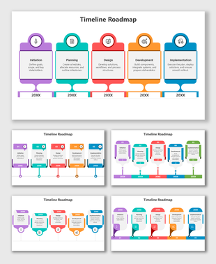 Timeline Roadmap Template Free with colorful stage boxes, icons, year tags, and linked steps for project flow.