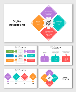 Digital Retargeting with colorful diamond shapes, icons, and step labels explaining audience tracking and ad flow.