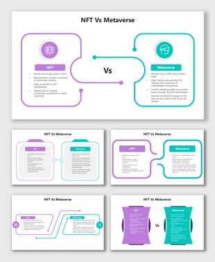 NFT Vs Metaverse with purple and teal boxes, icons, and text blocks comparing features in curved shapes.