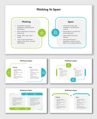Phishing Vs Spam with green and blue rounded boxes, icons, bullet points, and linked comparison layout.