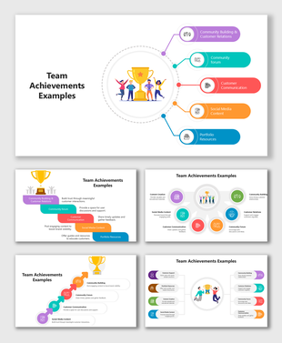 Team Achievements Examples with trophy, multicolor tabs, icons, and team celebrating success.