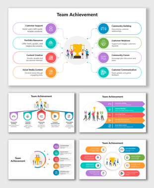 Team Achievement Slide Template with trophy team graphic, colorful icons, labels, and rounded text boxes.