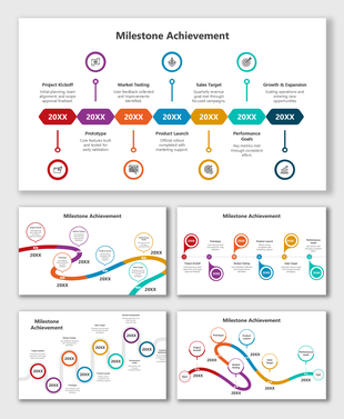 Milestone Achievement PPT Template showing multicolor timeline rounds, icons, years, and text boxes.
