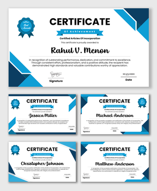 Certified Articles Of Incorporation with teal orange shapes, ribbon title, company name text, date sign.