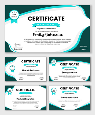 Corporate Certificates LLC design with teal waves, ribbon title, award badge, name text, date.