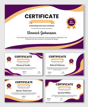 Outstanding Performance Certificate with purple gold waves, award badge, name, date fields.