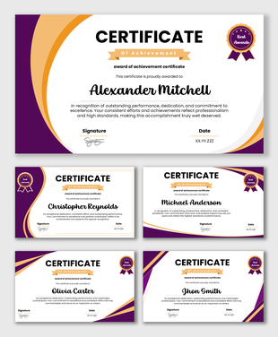 Award Of Achievement Certificate with purple gold curves, recipient name, ribbon badge, date, and signature.