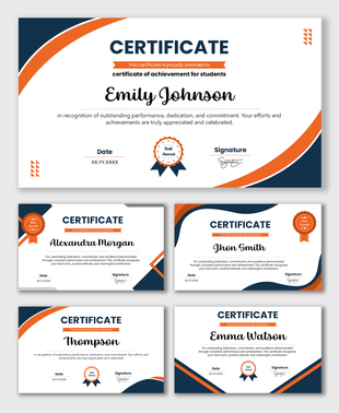 Certificate Of Achievement For Students with blue orange curves, award badge, name text, date, signature.