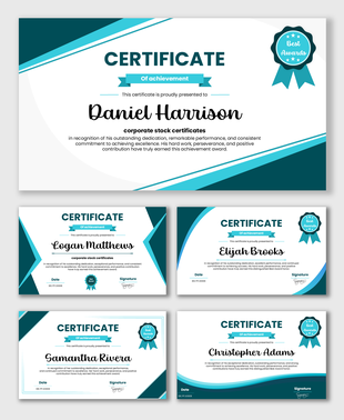 Corporate Stock Certificates with teal blue theme, award badge, recipient name, and clean layout.