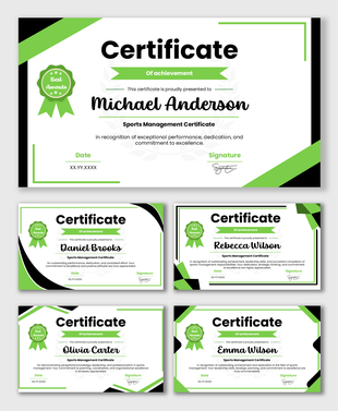 Sports Management Certificate with green-black theme, award badge, recipient name, date, and signature.