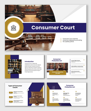 Consumer Court slides with courtroom visuals, gavel icons, blue gold theme, explaining dispute resolution.