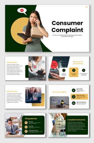 Consumer Complaint slide with unhappy buyer, green layout, icons, filing steps, rights, and outcomes