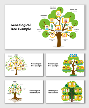 Genealogical Tree Example showing family members with green tree design, icons, names, and clear hierarchy.
