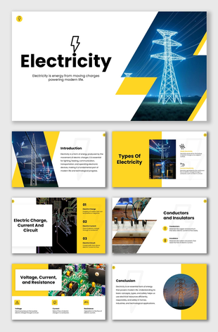 Electricity Slides with power towers, circuits, icons, yellow-blue colors, and clear learning layout.