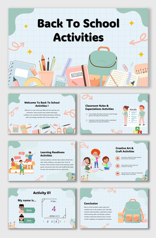 Back To School Activities slides with pastel grid, backpacks, notebooks, icons, clear text boxes, and fun classroom visuals.