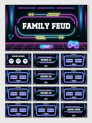 Family Feud neon quiz slides with dark theme, glowing frames, question cards, answer buttons, and game rounds.